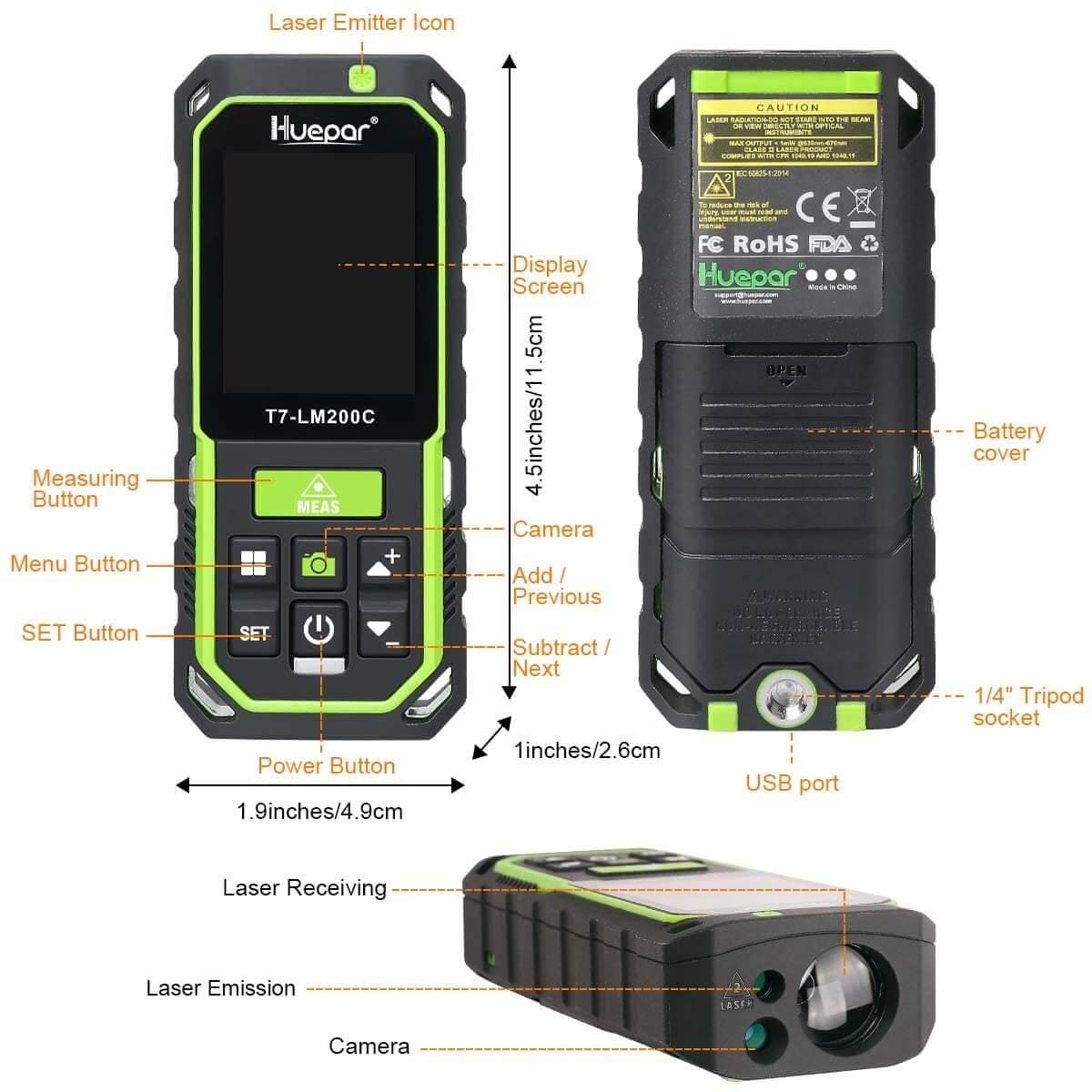 Huepar LM200C - 200M Laser Distance Meter - Laser Distance Meter