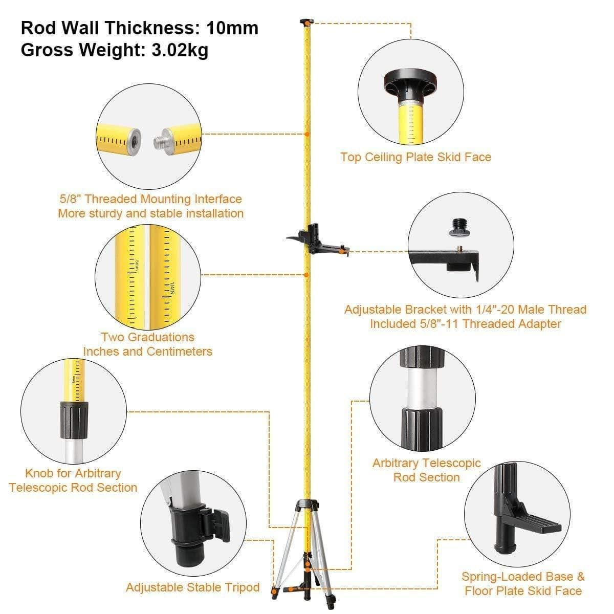 Huepar LP36 - 3.7m/12ft Laser Telescoping Pole - Tripods