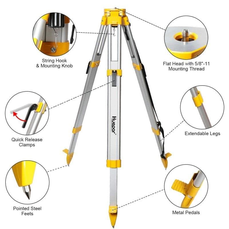 Huepar M3Y - Aluminum Flat Head Heavy Duty Tripod 1.65m / 65" with 5/8"-11 Male Thread - Tripods