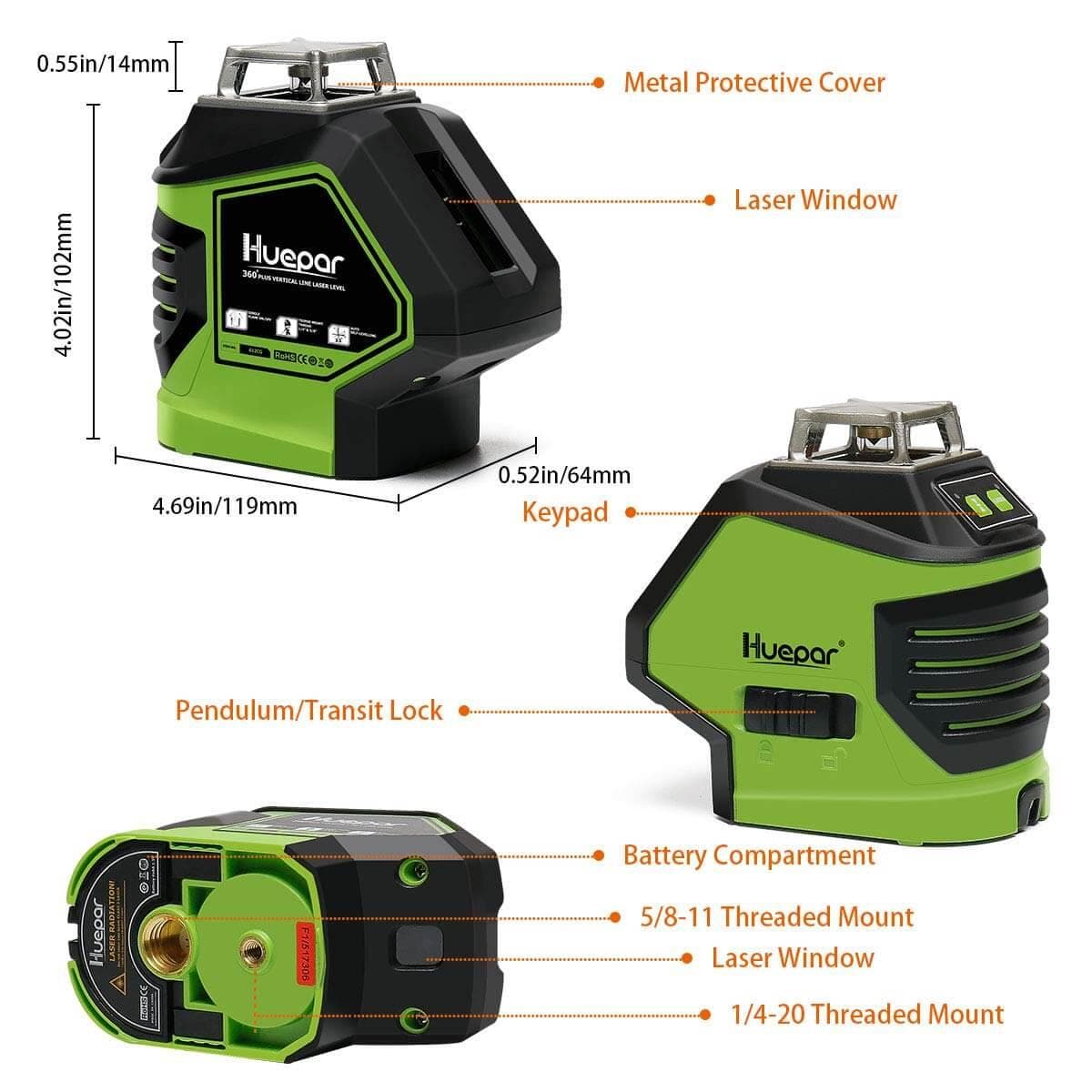 Huepar 621CG Laser Level - Cross Line Laser Level