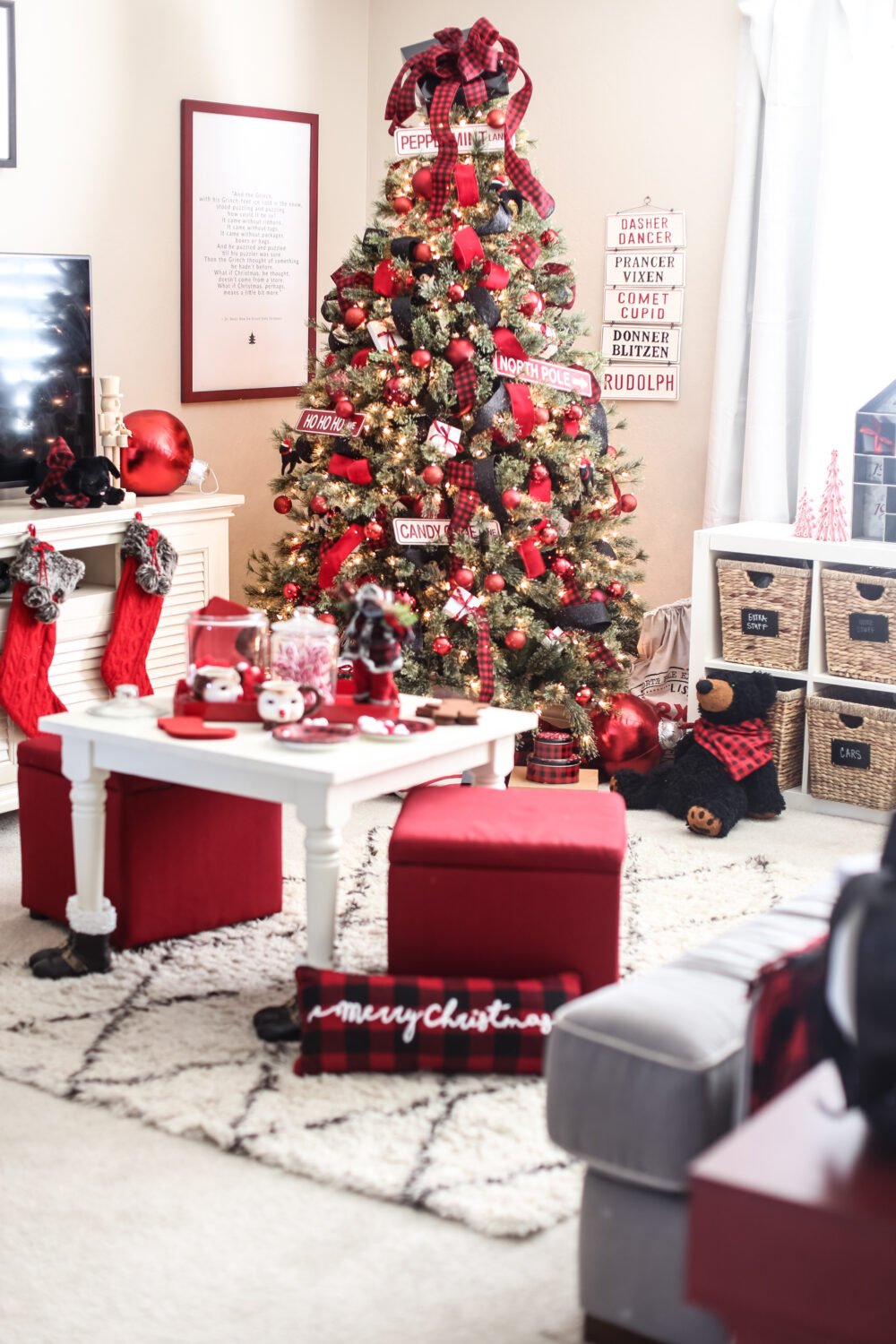 Kids Christmas tree Ideas in red and black. This tree looks like its perfect for a playroom.
