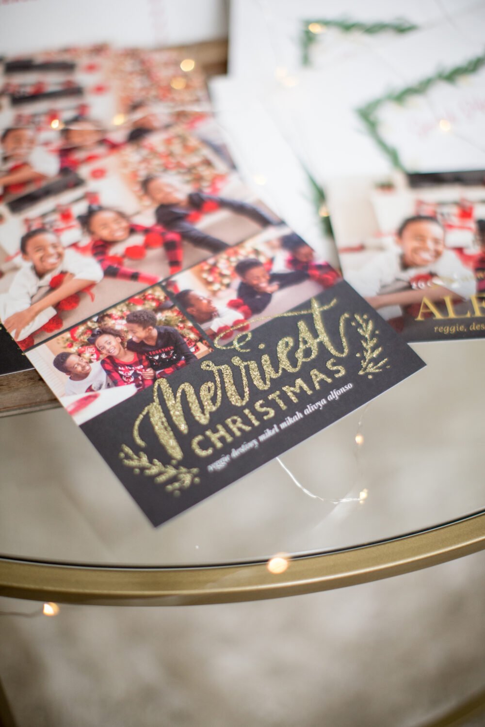 Red Gold and black christmas cards with kids on front