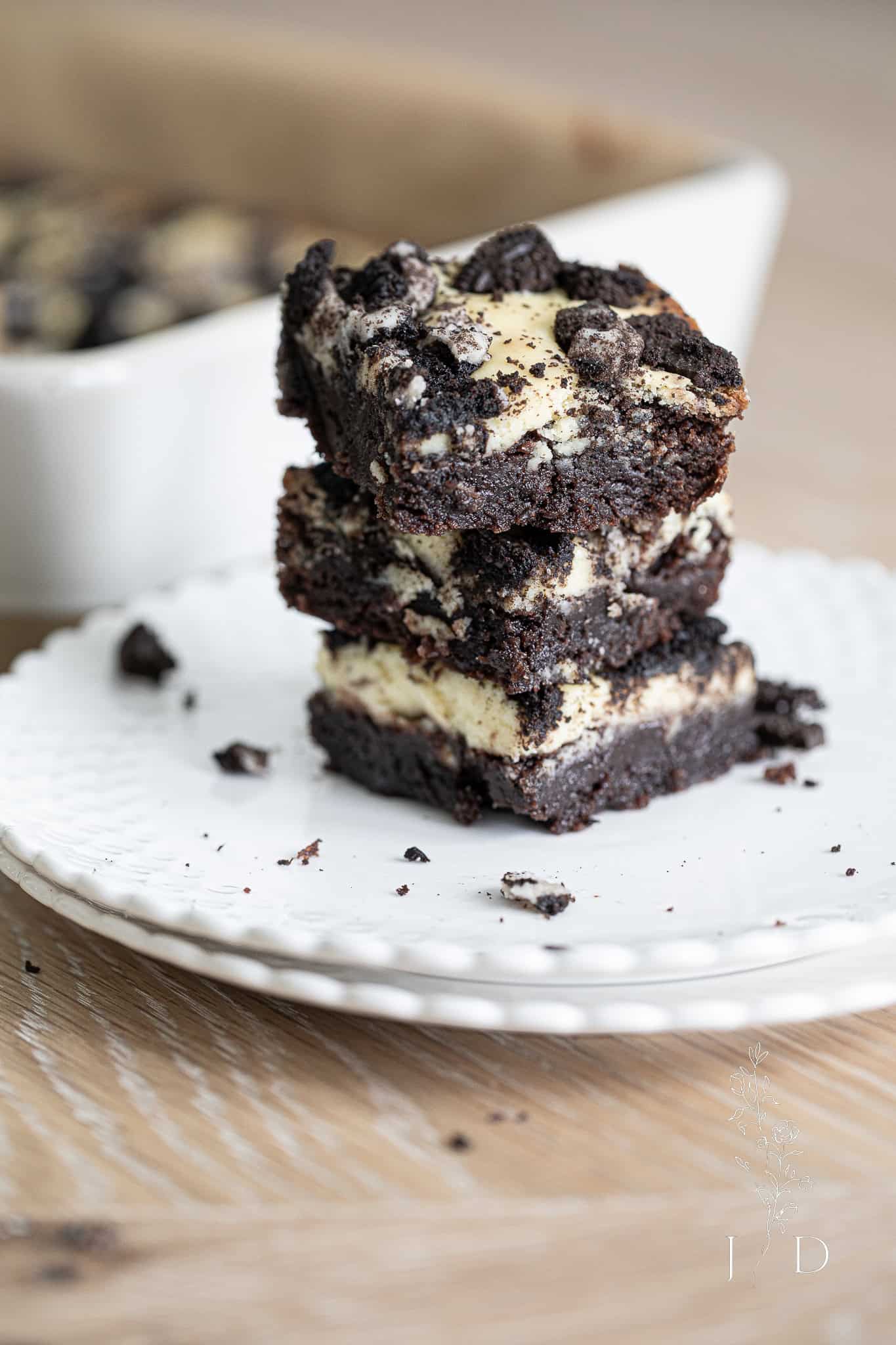 Oreo Cheesecake Brownies on plate
