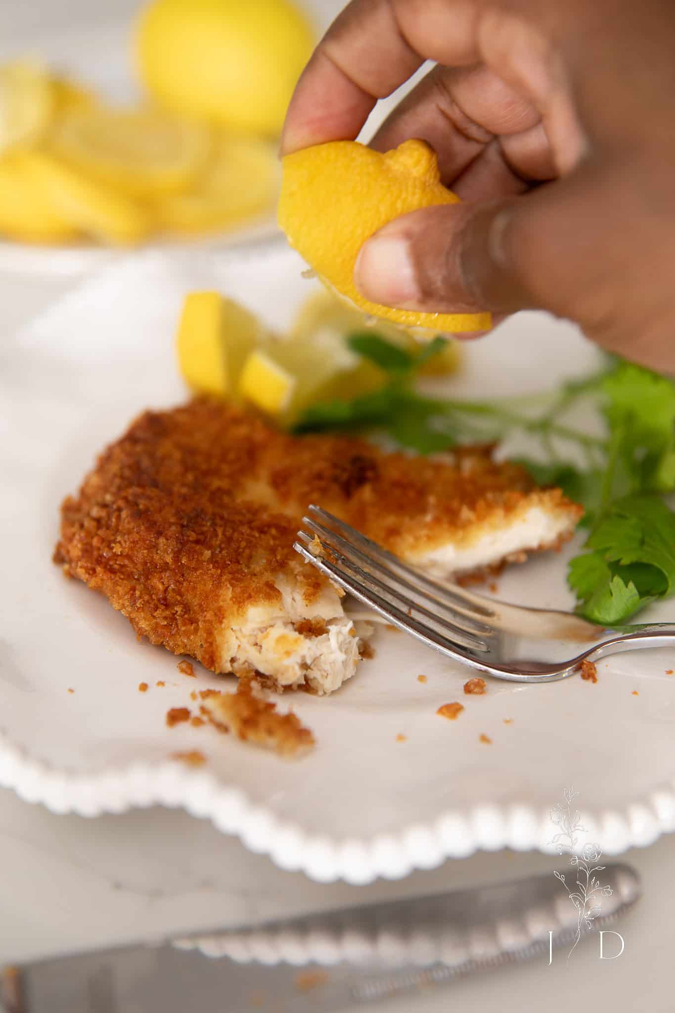 close up chicken on a white plate 