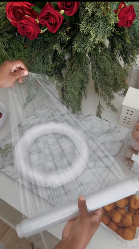 How to Make a Donut Wreath. Wrapping it in plastic wrap