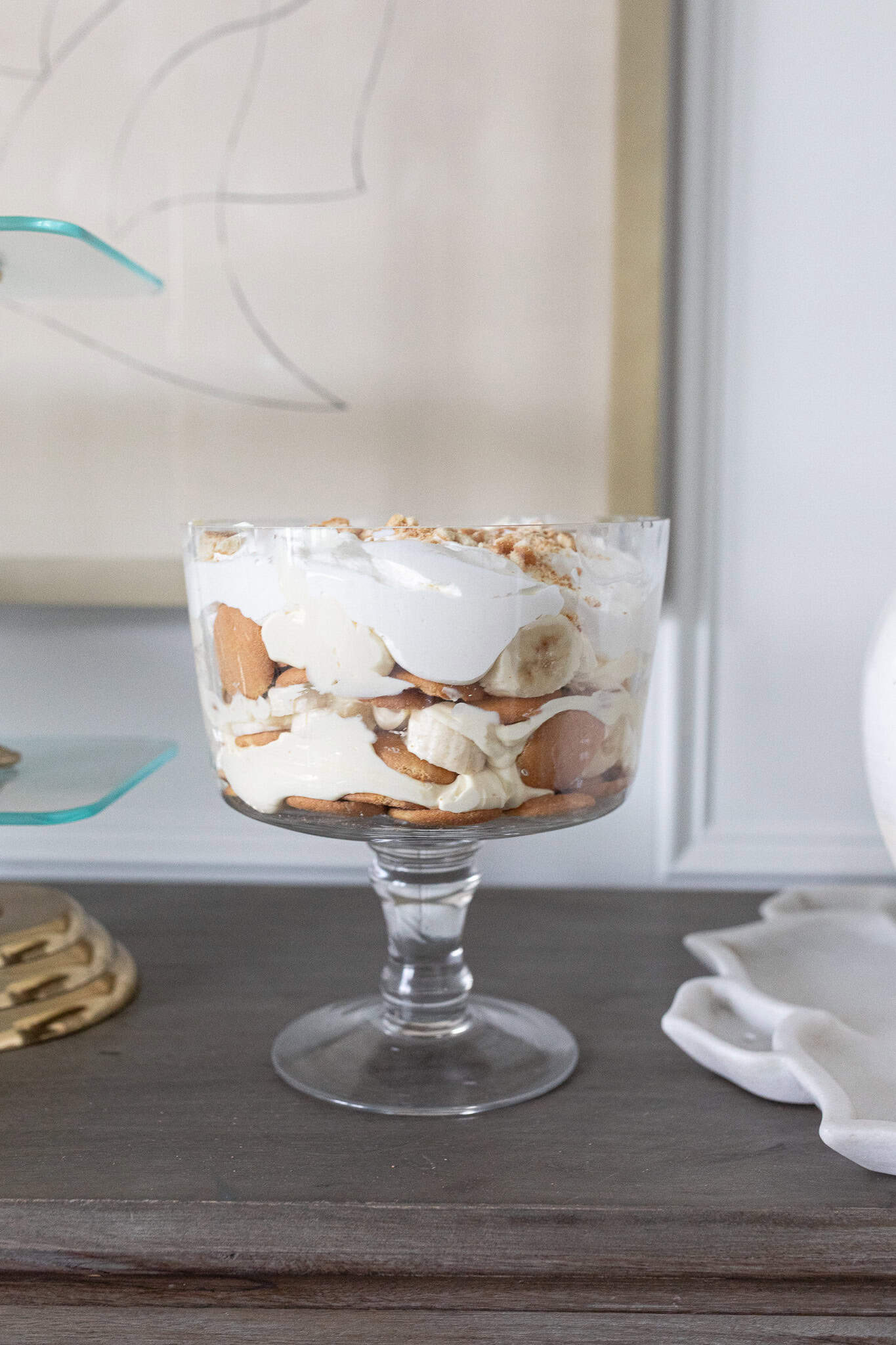 Banana Trifle in the clear dish so you can see the layers.